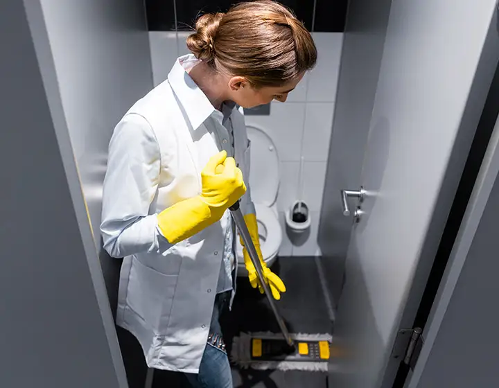 Reinigungs-Profi bei der Reinigung einer WC-Anlage