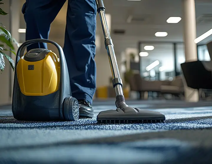 Profi-Reinigungskraft beim Staubsaugen eines Gewerbegebäudes