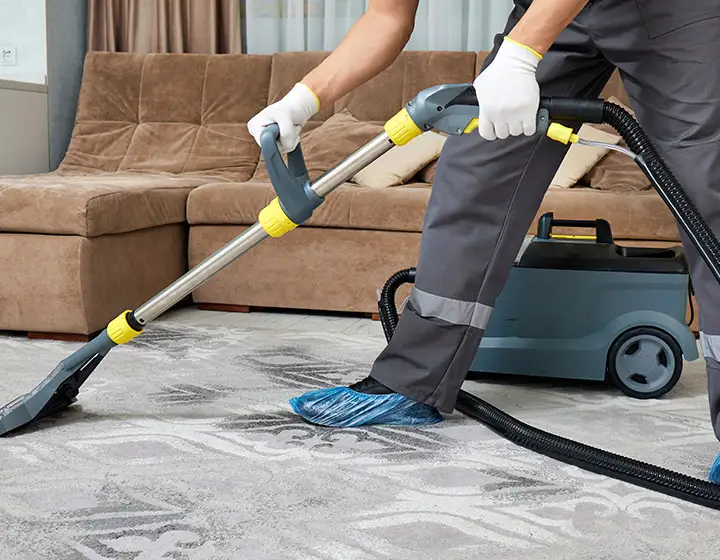 Putzprofi beim Staubsaugen in einer Privatwohnung