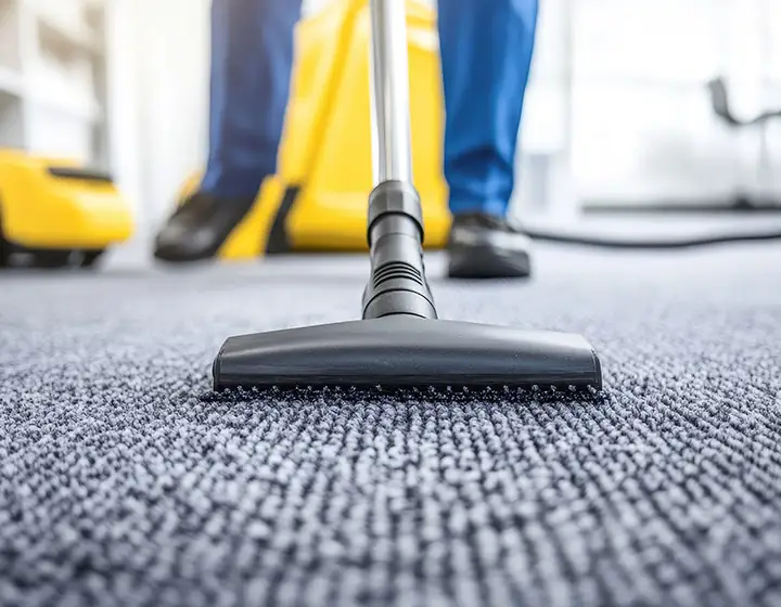 Reinigungsdienst beim Staubsaugen eines Teppichbodens