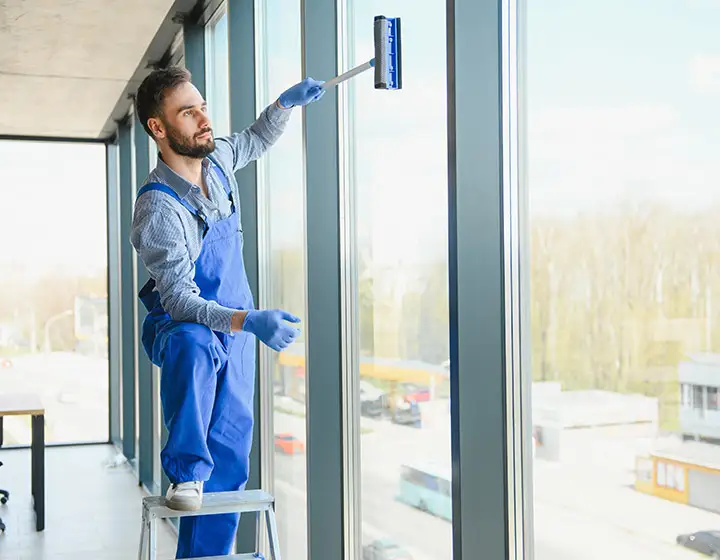 Ein Reinigungs-Profi beim Fensterputzen
